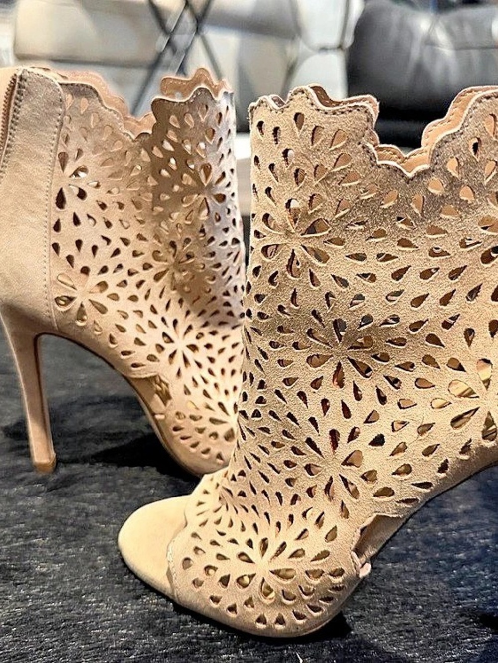 Laser Cut Floral Heeled Booties in Brown